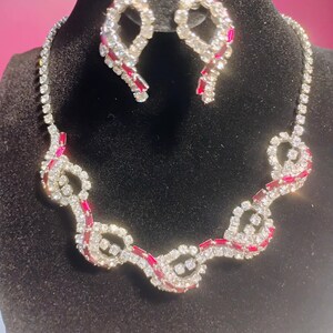 vintage Red and clear rhinestone necklace and earrings.