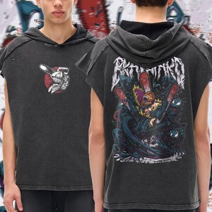 Canotta con cappuccio stile anime, effetto lavato con neve / Stile streetwear e palestra