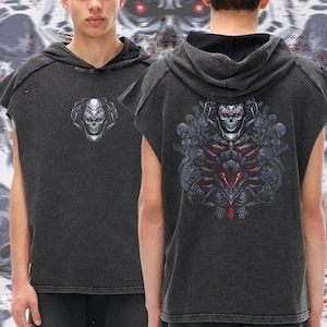Canotta con cappuccio stile anime, effetto lavato con neve / Stile streetwear e palestra
