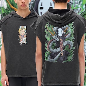 Canotta con cappuccio stile anime, effetto lavato con neve / Stile streetwear e palestra