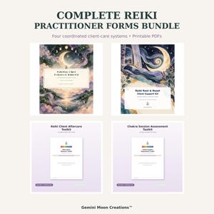 Może przedstawiać: Kompletny zestaw formularzy dla praktyków Reiki zawierający cztery systemy w formacie PDF do druku. Dokumenty obejmują zestaw powitalny dla nowych klientów, zestaw wsparcia, zestaw opieki po sesji oraz zestaw do oceny sesji czakr.