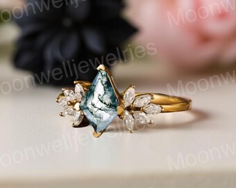 Anillo de compromiso de ágata musgosa cometa, anillo de oro inspirado en la naturaleza, anillo de racimo de diamantes marquesa, anillo único de ágata musgosa, anillo de novia bohemio, Alterna