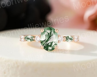Green Moss Agate Engagement Ring, Oval Moss Agate Ring, Rose Gold Promise Ring, Nature Inspired Leaf Ring, Unique Bridal Ring, Women Gift