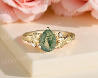 Moss Agate Engagement Ring, Pear Cut Moss Agate Ring, Gold Leaf Ring, Nature Inspired Engagement Ring, Vintage Botanical Ring, Promise Ring