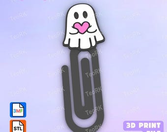 May include: A dark gray paperclip featuring a white ghost topper holding a pink heart. The design includes the text PaperClip at the top left, and two icons at the bottom left labeled 3MF and STL, with the text 3D PRINT FILE at the bottom right.