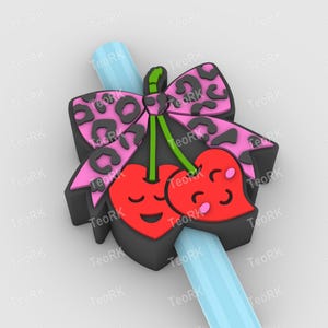 Heart-shaped cherries with a leopard print bow Straw Topper Fits Standard & Stanley Straws STL Files and 3MF pre-painted for 3D printer