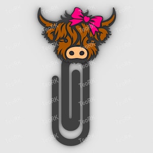 Highland cow female with a bow - Paper clip, bookmark - 3MF pre-painted , STL file for 3D printer, 3D printing