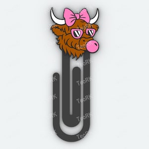 Paperclip Highland cow with glasses and bubble gum - bookmark - 3MF pre-painted , STL file for 3D printer, 3D printing