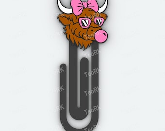 Paperclip Highland cow with glasses and bubble gum - bookmark - 3MF pre-painted , STL file for 3D printer, 3D printing