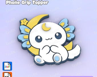 May include: A Badge Reel Topper or Phone Grip Topper 3D print file featuring a white axolotl character with blue and yellow accents, a crescent moon, and a small smiling star. The design includes dark blue outlines and a light blue background.