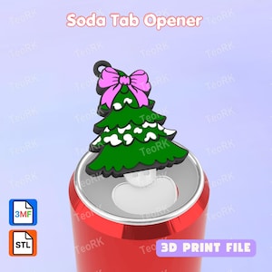 May include: A soda tab opener shaped like a green Christmas tree with a pink bow at the top and white snow accents. The opener is positioned on a red soda can. The image includes the text Soda Tab Opener and 3D PRINT FILE with 3MF and STL icons.