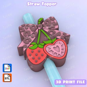 Puede incluir: Un adorno para pajita impreso en 3D con un lazo con estampado de leopardo, una fresa y una fresa en forma de corazón. El adorno, diseñado para una pajita, es de color rosa, rojo, verde y marrón. El texto "Straw Topper" es visible. Archivo de impresión 3D.