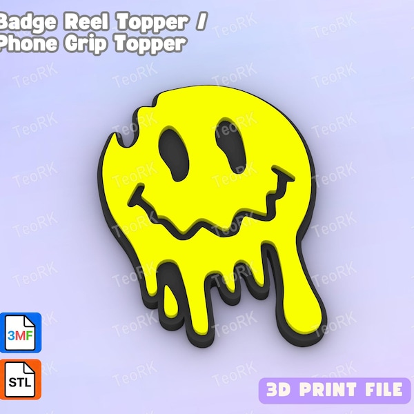 Drippy Smiley Badge Reel Topper Flat Back / Phone Grip Topper (STL & 3MF files 3D print)