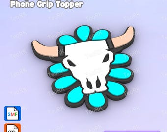 May include: A badge reel topper or phone grip topper featuring a white bull skull with tan horns centered on a black flower shape with bright cyan petals. The text Badge Reel Topper / Phone Grip Topper and 3D PRINT FILE are visible.