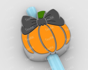 Pumpkin with black ribbon Straw Topper | Fits Standard & Stanley Straws | STL Files and 3MF pre-painted for 3D printer, 3D printing