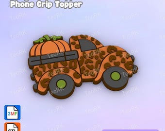 May include: A badge reel or phone grip topper featuring a truck with an orange pumpkin in the bed. The truck has an orange and brown leopard print pattern, dark gray wheels with green centers, and dark gray windows. Text reads Badge Reel Topper / Phone Grip Topper and 3D Print File.