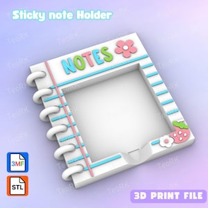 Könnte beinhalten: Ein weißer, 3D-gedruckter Haftnotizhalter im Notizbuchdesign. Der Halter zeigt das Wort "NOTES" in Blau und Rosa, eine rosa Blume und eine Erdbeere. Das Design umfasst eine Spiralbindung und blaue und rosa Linien. Der Text "Sticky note Holder" steht oben.