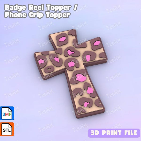 leopard cross Badge Reel Topper Flat Back / Phone Grip Topper (STL & 3MF files 3D print)
