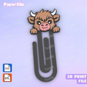 May include: A dark grey paperclip featuring a cartoon Highland cow topper with brown fur, white horns, and a pink snout. The image includes the text PaperClip, 3MF, STL, and 3D PRINT FILE. The design is a digital representation of a 3D printable object.