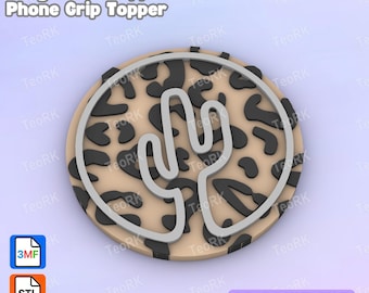 May include: A round badge reel or phone grip topper with a tan background and black leopard print pattern. A white outline of a cactus is in the center. The text "Badge Reel Topper / Phone Grip Topper" is at the top.