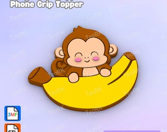 May include: A cartoon-style badge reel topper or phone grip topper featuring a brown monkey sitting on a yellow banana. The monkey has a smiling face with pink cheeks. The text "3D PRINT FILE" is visible.