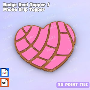 May include: A heart-shaped badge reel topper or phone grip topper featuring a pink concha bread pattern with brown outlines. The image includes the text Badge Reel Topper / Phone Grip Topper and 3D PRINT FILE, along with 3MF and STL file icons.