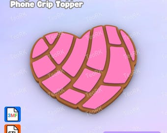 May include: A heart-shaped badge reel topper or phone grip topper featuring a pink concha bread pattern with brown outlines. The image includes the text Badge Reel Topper / Phone Grip Topper and 3D PRINT FILE, along with 3MF and STL file icons.