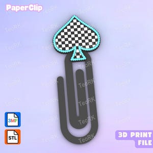 May include: A dark gray paperclip featuring a spade symbol topper with a black and white checkered pattern outlined in light blue. The image includes the text PaperClip, 3MF, STL, and 3D PRINT FILE, indicating a digital file for 3D printing.