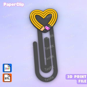 May include: A dark gray paperclip with a heart-shaped top formed by two yellow pencils with pink erasers. The design includes the text PaperClip at the top left, and 3MF and STL file icons at the bottom left, with 3D PRINT FILE text at the bottom right.