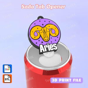 May include: A circular soda tab opener featuring a yellow Aries ram graphic on a purple background with small stars. The word Aries is printed in white below the ram. The opener is attached to the top of a red soda can. Includes 3MF and STL file icons.