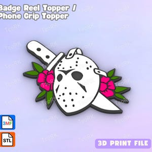 May include: A white badge reel topper or phone grip topper featuring a hockey mask pierced by a knife, surrounded by pink flowers and green leaves. The text "Badge Reel Topper / Phone Grip Topper" is at the top.