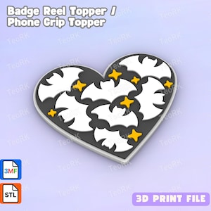 May include: A heart-shaped badge reel or phone grip topper featuring a dark gray background with white bat silhouettes and small yellow four-pointed stars. The text Badge Reel Topper / Phone Grip Topper and 3D PRINT FILE is visible.