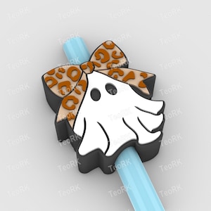 Ghost with Leopard Bow Straw Topper | Fits Standard & Stanley Straws | STL Files and 3MF pre-painted for 3D printer, 3D printing