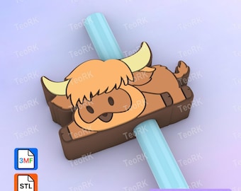May include: A 3D printed straw topper featuring a light brown Highland cow with cream-colored horns, resting on a dark brown horizontal bar. The topper is attached to a light blue straw. The image includes text reading Straw Topper and 3D Print File.