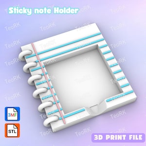 Puede incluir: Un soporte para notas adhesivas blanco impreso en 3D con una abertura cuadrada. Cuenta con líneas azules y una línea vertical rosa, que se asemeja a un bloc de notas. El soporte tiene una encuadernación en espiral en el lado izquierdo.