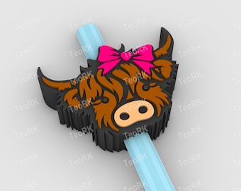 Highland cow female with a bow Straw Topper | Fits Standard & Stanley Straws | STL Files and 3MF pre-painted for 3D printer, 3D printing