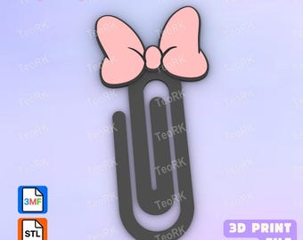 May include: A dark gray paperclip featuring a light pink bow topper. The image includes the text PaperClip at the top left, and 3D PRINT FILE at the bottom right, along with two square icons labeled 3MF and STL for digital file formats.