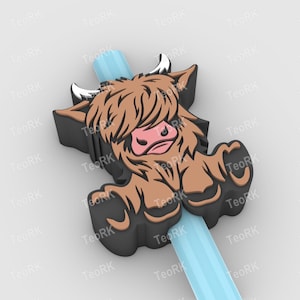 Highland cow sitting Straw Topper Fits Standard & Stanley Straws | STL Files and 3MF pre-painted for 3D printer, 3D printing