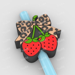 strawberries With Leopard Print Bow Straw Topper | Fits Standard & Stanley Straws | STL Files and 3MF pre-painted for 3D printer,3D printing