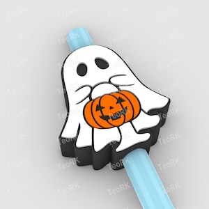 Geist mit Halloween-Kürbis-Strohhalmaufsatz, passend für Standard- und Stanley-Strohhalme | STL-Dateien und 3MF vorlackiert für 3D-Drucker, 3D-Druck