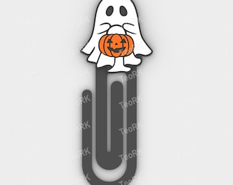 Paperclip ghost with halloween pumpkin - bookmark - 3MF pre-painted , STL file for 3D printer, 3D printing