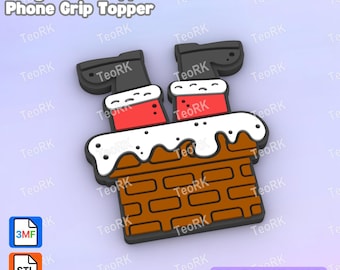 May include: A 3D print file for a badge reel or phone grip topper featuring a brown brick chimney with white snow on top and two black boots with red pant legs sticking out. The text Badge Reel Topper / Phone Grip Topper and 3D PRINT FILE is visible.