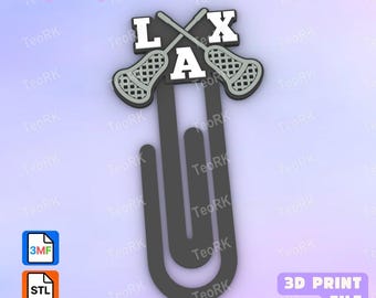 May include: A dark gray paperclip-shaped bookmark featuring a lacrosse theme. The top section displays two crossed lacrosse sticks in light gray with a mesh pattern, overlaid with the white block letters L, A, and X arranged in a triangular formation.