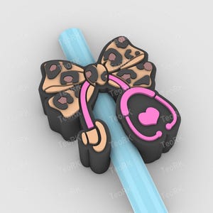 Nurse Coquette Bow With Leopard Print Straw Topper | Fits Standard & Stanley Straws STL Files and 3MF pre-painted for 3D printer,3D printing