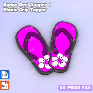 Puede incluir: Dos adornos de chanclas rosas vibrantes con correas moradas oscuras y detalles de flores blancas. Estos adornos están diseñados para carretes de insignias o agarres para teléfonos. La imagen incluye el texto "Badge Reel Topper / Phone Grip Topper."