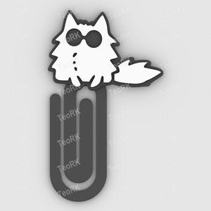 ペーパークリップ、ブックマーク - 黒眼鏡をかけた子猫 - 3MF塗装済み、3Dプリンター用STLファイル、3Dプリント