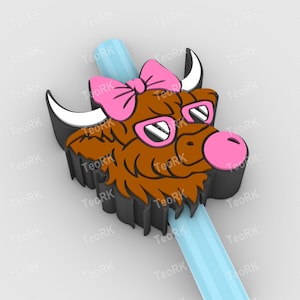 Highland cow with glasses and bubble gum Straw Topper Fits Standard & Stanley Straws | STL Files and 3MF pre