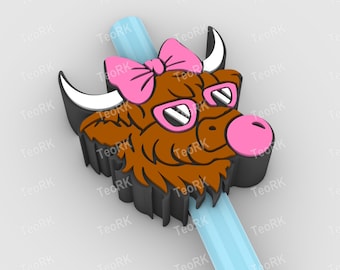 Highland cow with glasses and bubble gum Straw Topper Fits Standard & Stanley Straws | STL Files and 3MF pre