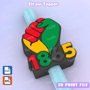 Puede incluir: Un tapón de paja negro con un diseño de puño, con detalles en rojo, verde y amarillo. El número "1865" se muestra en rojo y amarillo. El texto "Straw Topper" está en la parte superior.