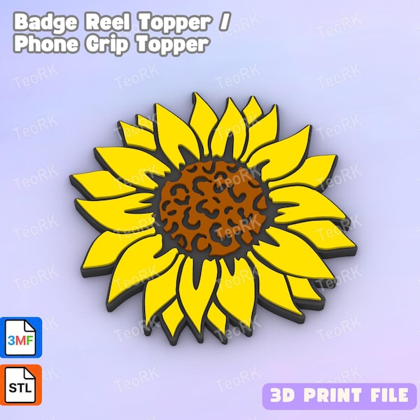 leopard sunflower Badge Reel Topper Flat Back / Phone Grip Topper (STL & 3MF files 3D print)